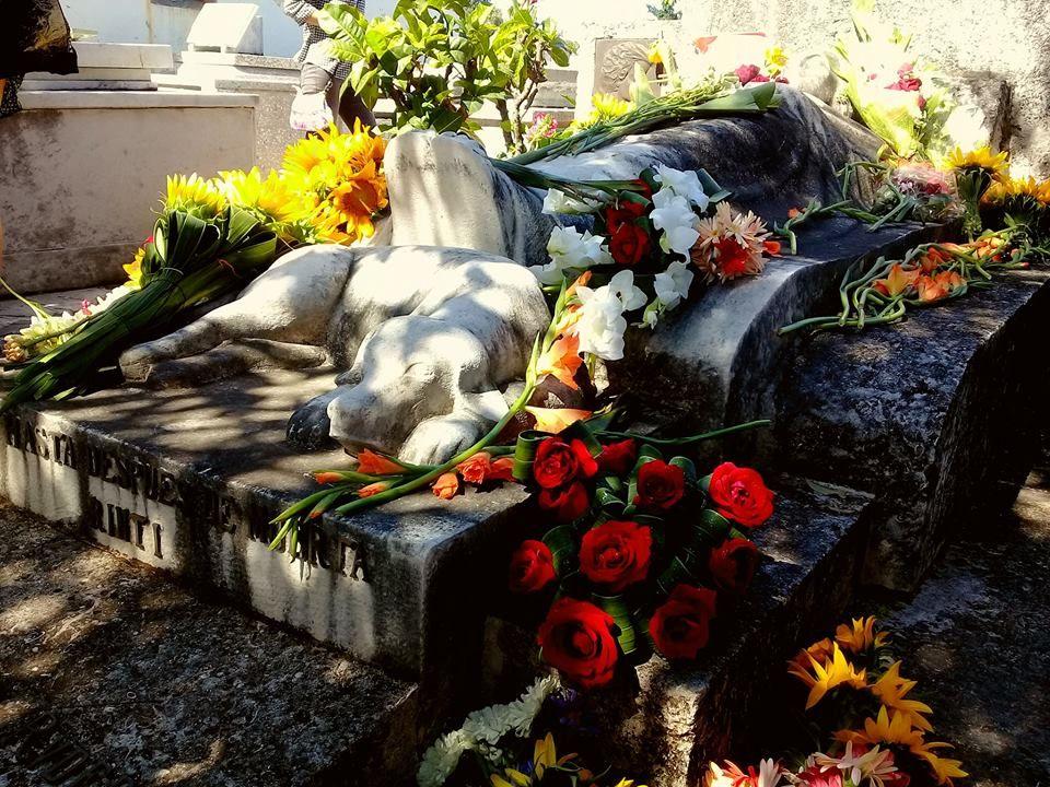 Los participantes en la marcha homenajeron con flores la estatua de Rinti, que se halla a los pies de la tumba de Ryder. Foto: Tomada del perfil de Facebook de Beatriz Batista. 