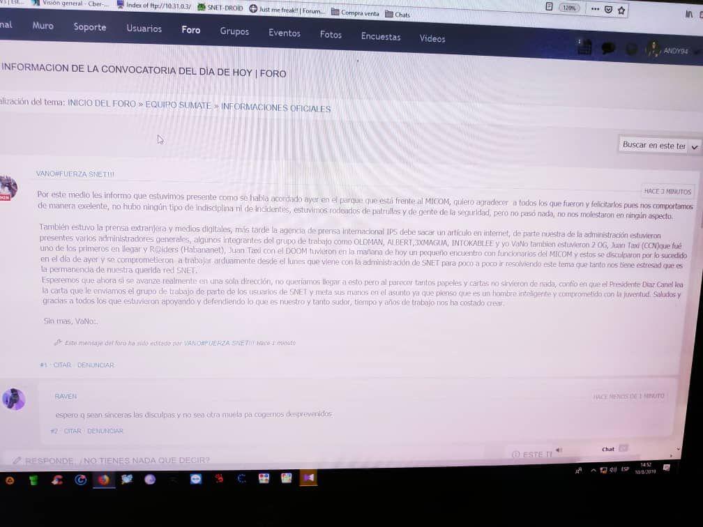 Captura de pantalla del aviso a los usuarios de SNET sobre la protesta del sábado 10/Ago/2019