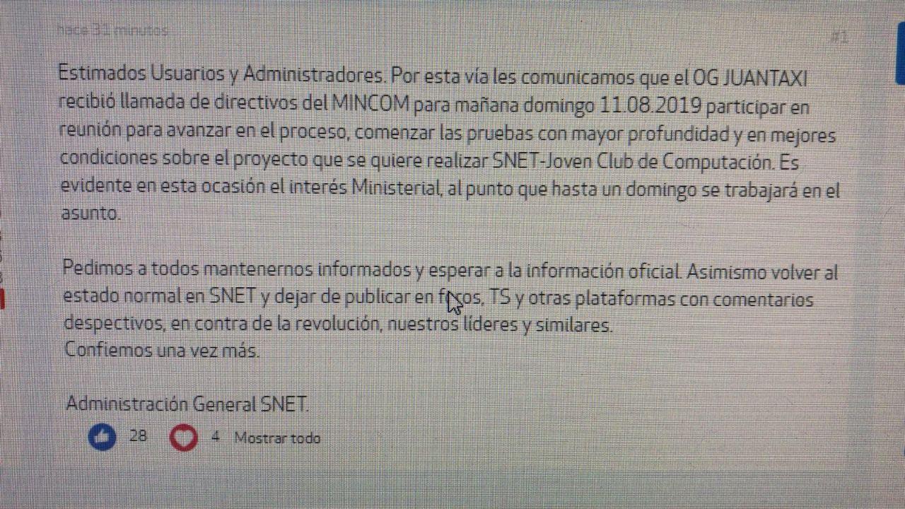Captura de pantalla del aviso a los usuarios de SNET sobre la protesta del sábado 10/Ago/2019