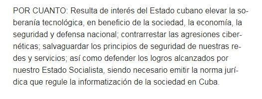 Imagen del segundo POR CUANTO del Decreto-Ley No. 370, Cuba que regula la actividad en el ciberespacio.
