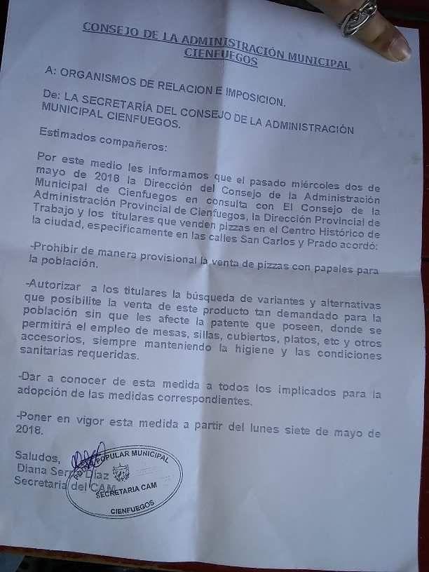 Texto de la medida aprobada por el Consejo de la Administración Municipal de Cienfuegos. Foto: El Toque