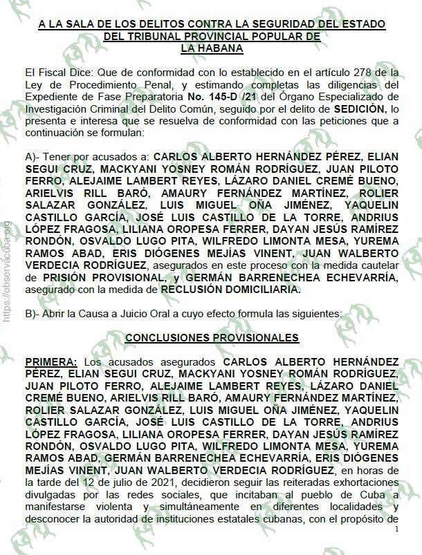 Documento de la fiscalía cubana