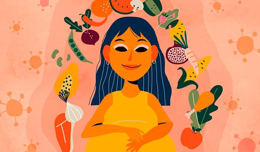 Especialistas recomiendan mantener una dieta equilibrada para garantizar embarazo sano, aun en condiciones de pandemia. Ilustración: Paula de la Cruz/GK-Ecuador.