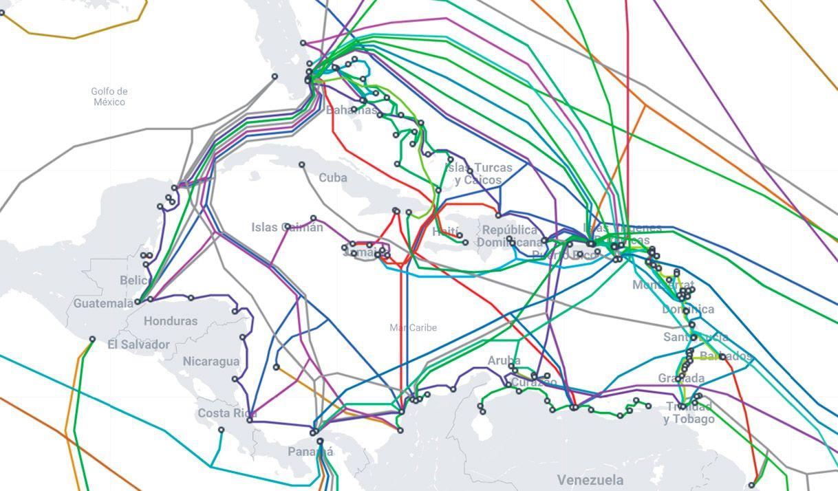 Mapa de cables submarinos alrededor de Cuba. Imagen: www.submarinecablemap.com