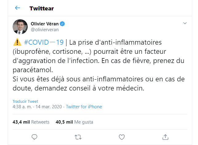 Cuenta oficial en Twitter del ministro de Salud de Francia, Olivier Véran.