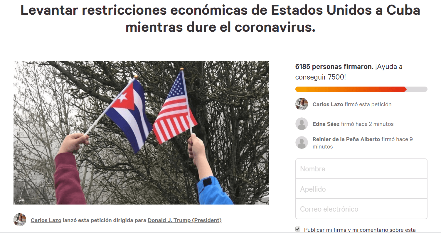 El cubanoamericano Carlos Lazo impulsó una campaña en change.org para pedir al gobierno de Donald Trump levantar las restricciones económicas de Estados Unidos a Cuba mientras dure el coronavirus.