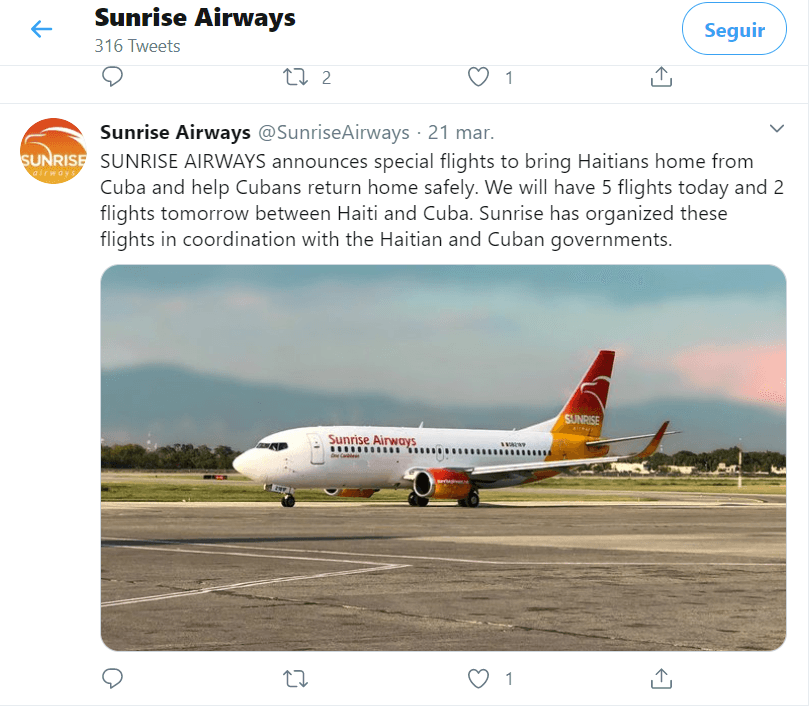 Sunrise Always fue la aerolínea que trasladó a Cuba a los cubanos varados en Haití. Tomado de su cuenta en Twitter.