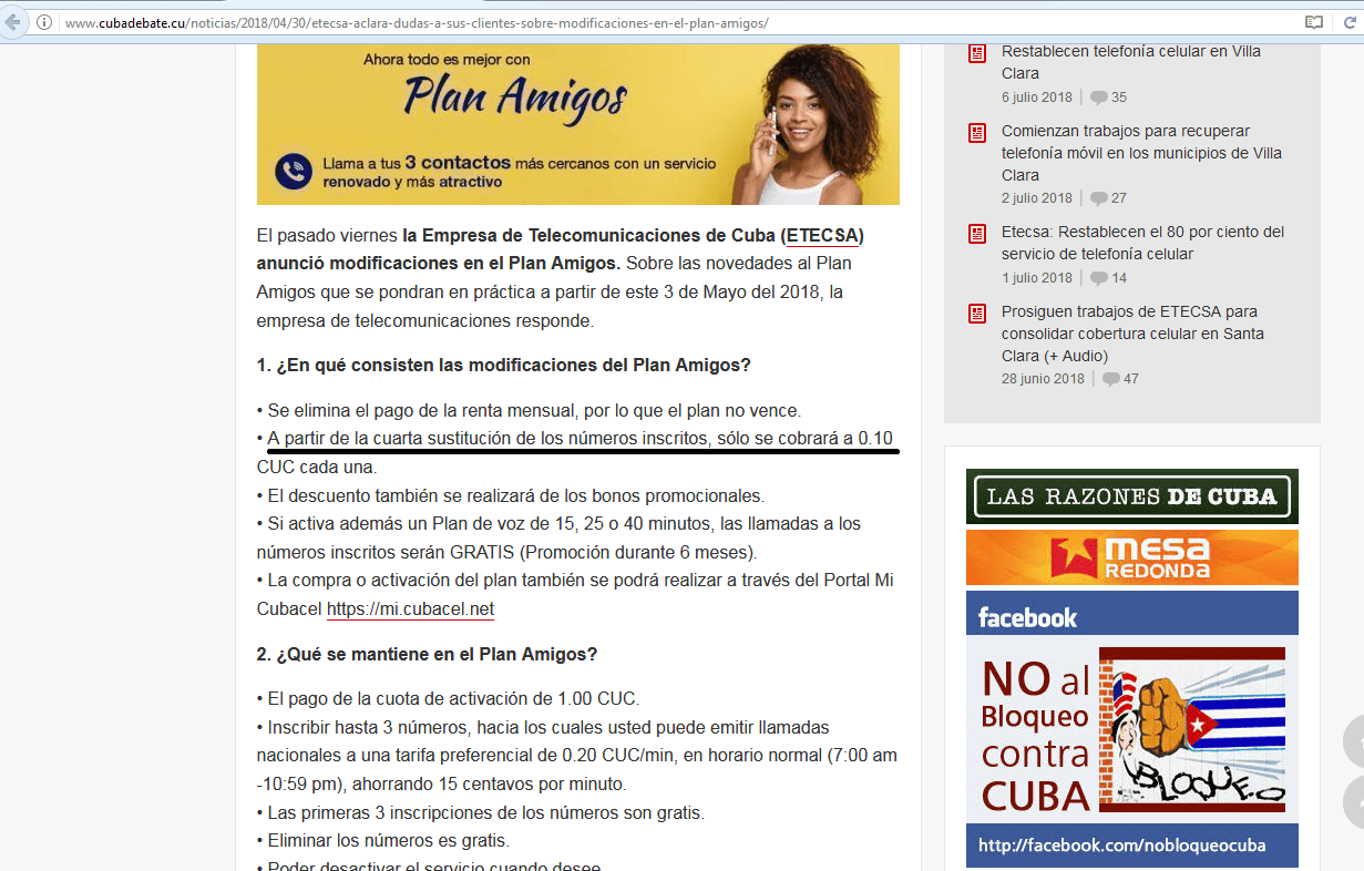 Captura de pantalla del sitio Cubadebate.