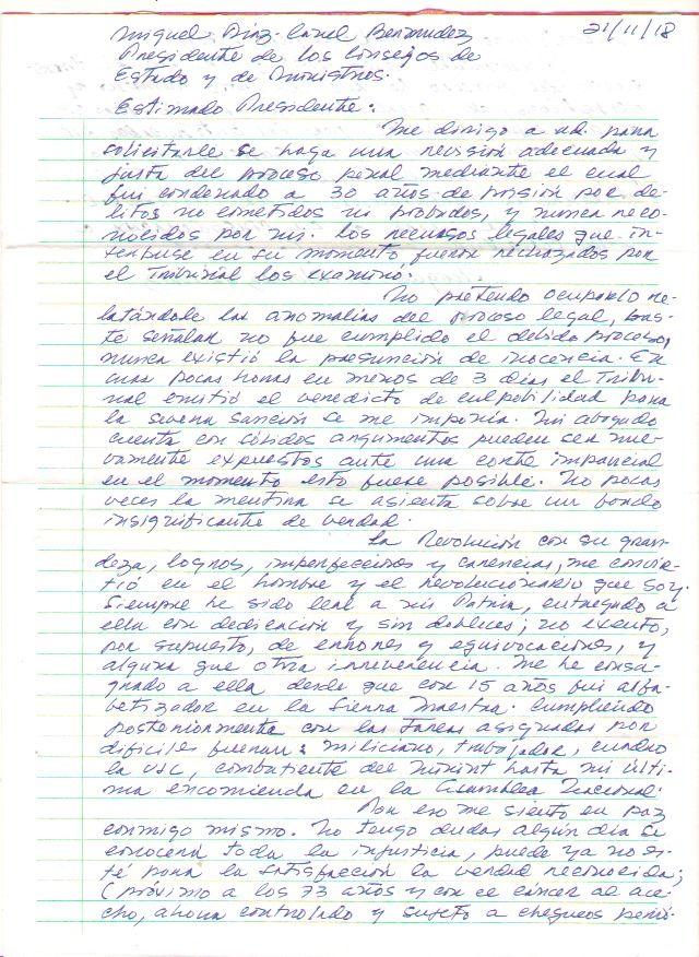 Copia facsimilar de la carta enviada por Miguel Álvarez al presidente cubano Miguel Díaz-Canel. Foto tomada del perfil de Mauricio Álvarez