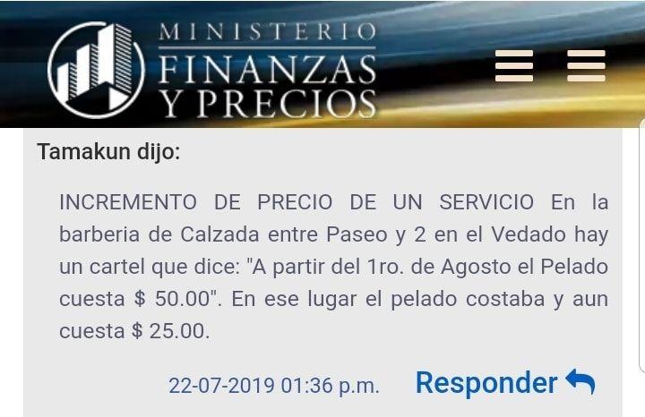 Denuncia radicada por un usuario en el sitio web del Ministerio de Finanzas y Precios, de Cuba.