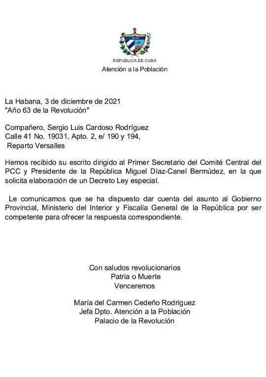 Foto tomada de la publicación en Facebook de Sergio Luis Cardoso, en la cual el Consejo de Ministros notifica la recepción de la carta.