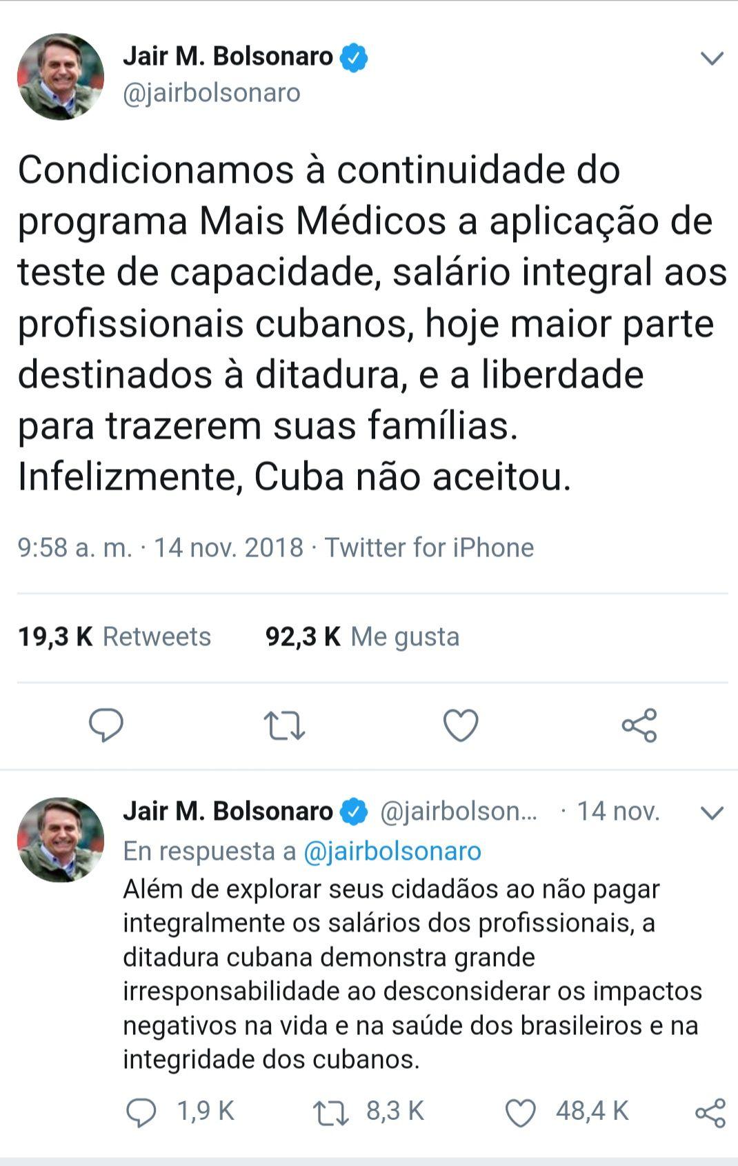 Twit del presidente electo de Brasil Jair Bolsonaro. Tomado de su cuenta de Twitter