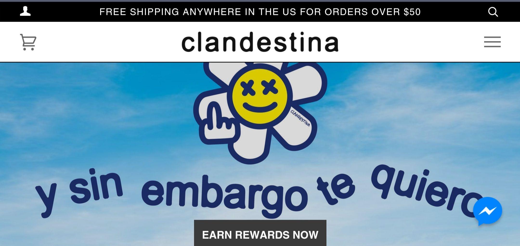 Captura de pantalla de la portada de la tienda online de Clandestina