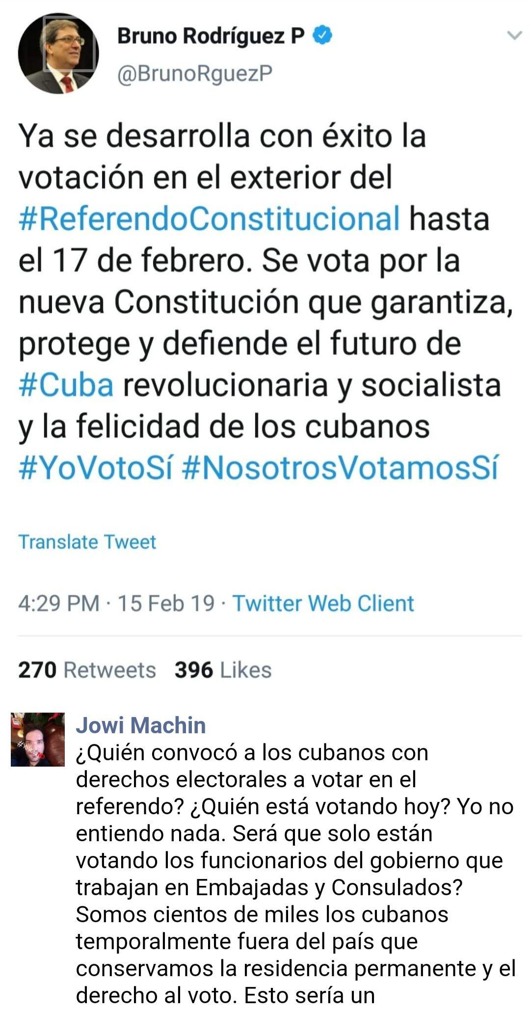 Reacciones de cubanos residentes en el extranjero que reclaman su derecho al voto. Captura de pantalla del perfil en Twitter del Ministro de Relaciones Exteriores Bruno Rodríguez Parrilla. 
