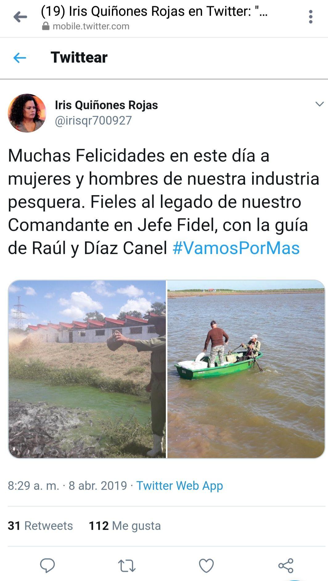 Tuit de la ministra de la Industria Alimenticia para felicitar a los pescadores. Tomado de su perfil en Twitter. 
