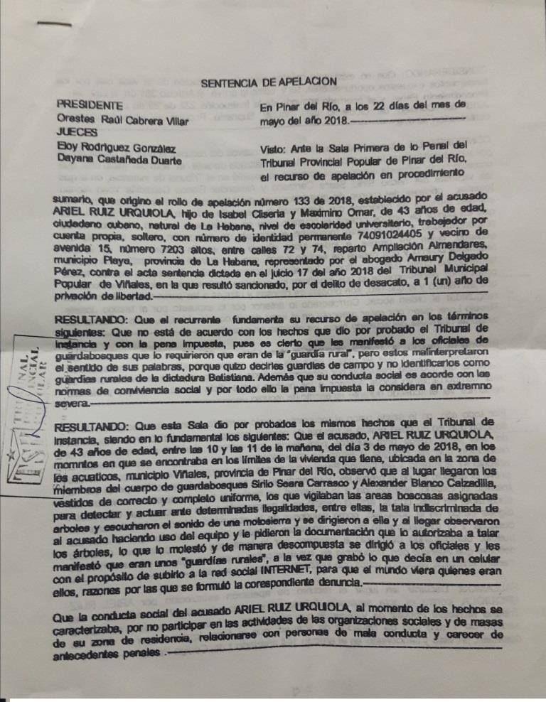 Sentencia de Apelación en el caso de desacato de Ariel Ruiz Urquiola. Página 1