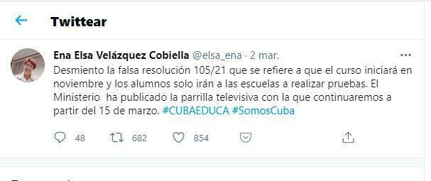 Tweet de la Ministra de Educación cubana