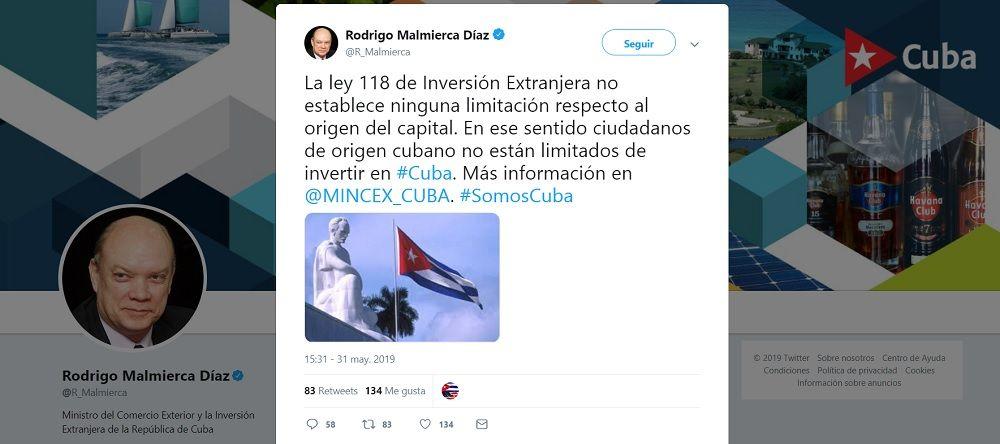 Tweet de Rodrigo Malmierca sobre la Ley 118 de la Inversión Extranjera en Cuba.