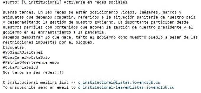 Correo enviado a los Joven Club de Computación y Electrónica con indicaciones para realizar una campaña en redes sociales a favor de la Revolución cubana.
