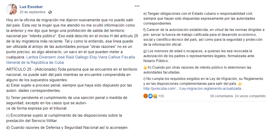 Publicación en Facebook de la periodista independiente Luz Escobar. 