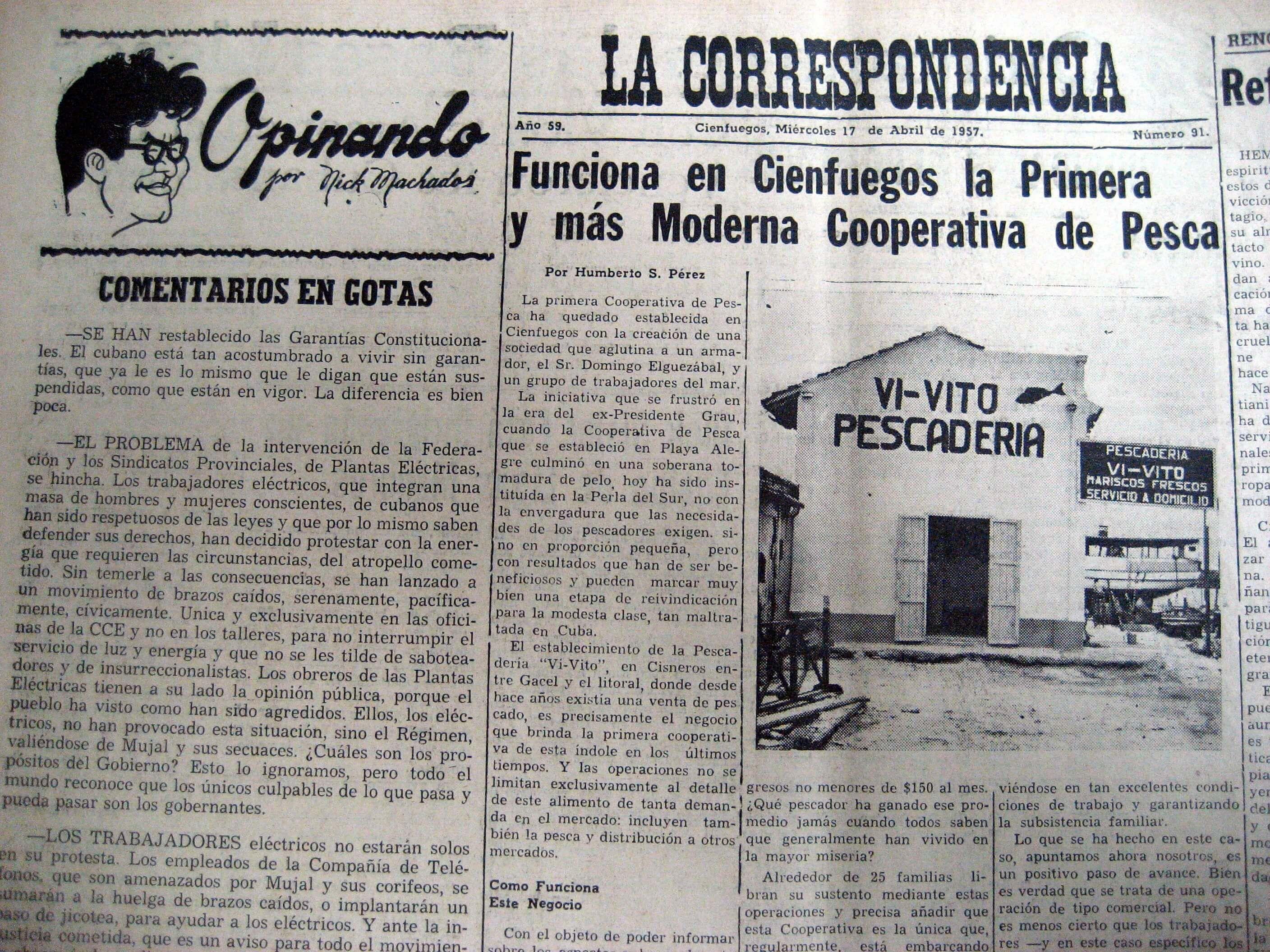 Recorte del periódico La Correspondencia sobre la creación en 1957 en Cienfuegos de una cooperativa de pesca para contribuir al desarrollo de este sector. 