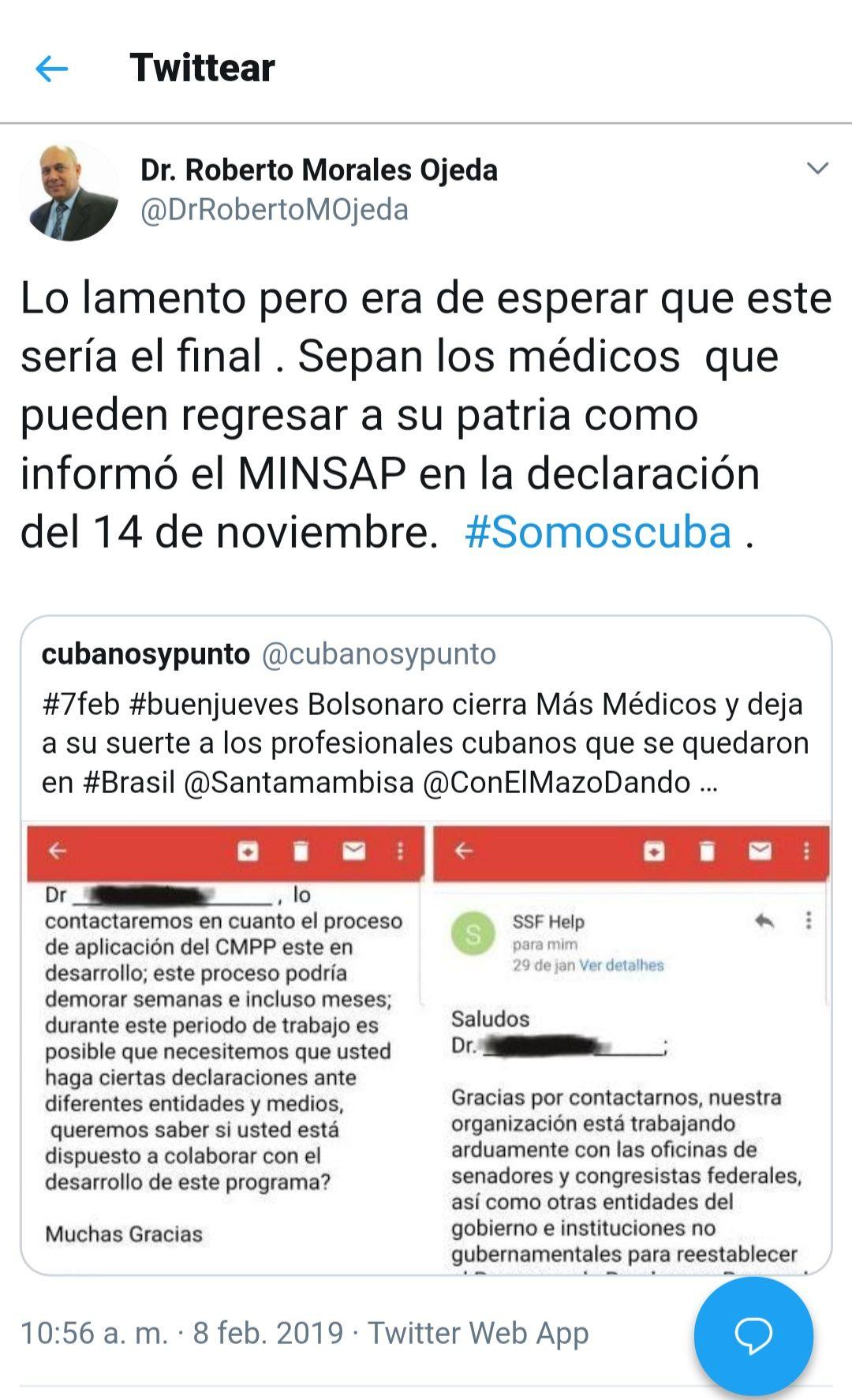 El miembro del Buró Político y vicepresidente de los Consejos de Estado y de Ministros, Dr. Roberto Morales Ojeda, exhorta a los médicos cubanos que abandonaron la misión en Brasil a que retornen a la isla. Captura de pantalla de su cuenta en Twitter. 